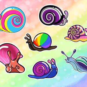 May include: A collection of seven illustrated snail stickers featuring diverse color palettes. The snails display vibrant patterns including rainbow stripes, purple and black swirls, pink gradients, and blue tones, each with distinct shell designs.