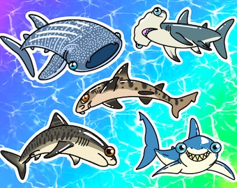Sharks Vinyl Stickers: Great White, Hammerhead, Leopard, Tiger, and Whale Sharks