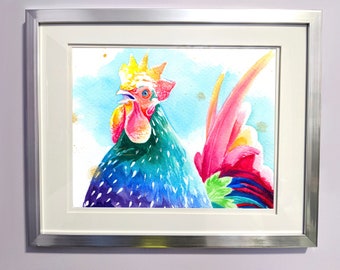 Rainbow Watercolour Rooster Print