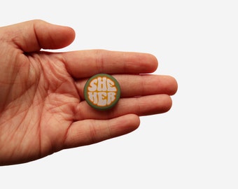 She/Her Pronoun Button| Pronoun Pin| Pronoun Badge|Pronoun Button| Pronoun Enamel Pin| Retro Art| 70s Art| She Her| She They| They Them|