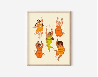 May include: Five women of different ethnicities are jumping in the air with their arms raised. They are all wearing different colored athletic wear. The background is a light yellow color.