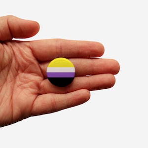 May include: A yellow, white, purple, and black button with a circular design. The button is being held in a person's hand.