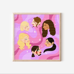 Puede incluir: Una ilustración digital de seis caras de mujeres en un patrón de remolino rosa y morado. Las mujeres tienen diferentes colores y estilos de cabello, y todas miran en diferentes direcciones. El fondo es un patrón de remolino de rosa y morado.