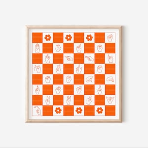 ASL Alphabet Print Red Orange| Deaf Art|Hearing Aid| ASL Poster| Retro Decor| Sign Language| Deaf Awareness| Deaf Teacher | ASL Poster