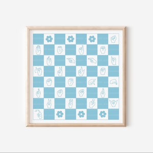ASL Alphabet Print Light Blue| Deaf Art|Hearing Aid| ASL Poster| Retro Decor| Sign Language| Deaf Awareness| Deaf Teacher | ASL Poster