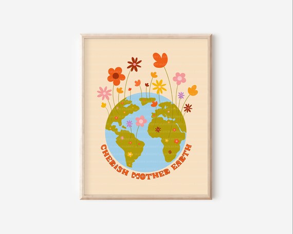 Cherish Mother Earth| Mother Earth Art| Earth Day Decor| 70s Decor| Retro Decor| Retro Wall Art| Flower Art| Hippie Decor| Earth Art