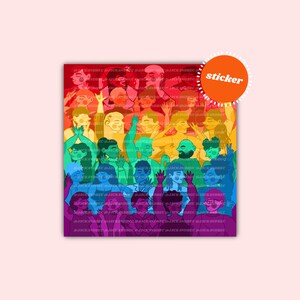 Könnte beinhalten: Ein Aufkleber mit einer farbenfrohen Illustration einer Menschenmenge, die die Arme in die Höhe reckt, um zu feiern. Die Menschen sind in einem Regenbogenmuster angeordnet, das für Vielfalt und Inklusion steht.