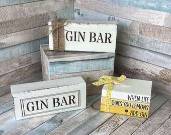 Gin wooden block shelf sitter, bar wooden bookstack, tiered tray gin bar, farmhouse decor, natural decoration,  shabby chic rustic, gin gift