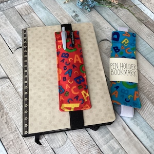 ABC Fabric pen holder, elasticated bookmark, for A5 journals notebooks, planner accessory, alphabet design , primary teacher christmas gift