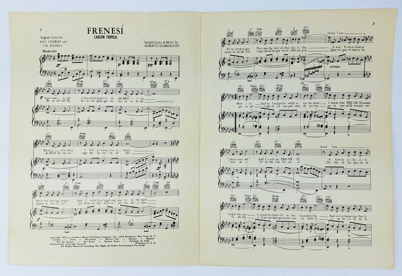 Frenesi Cancion Tropical Vintage Noten 1930er Jahre Noten Decken Kunst Tommy Tucker Alberto Dominguez Ray Charles S K Russell Swing