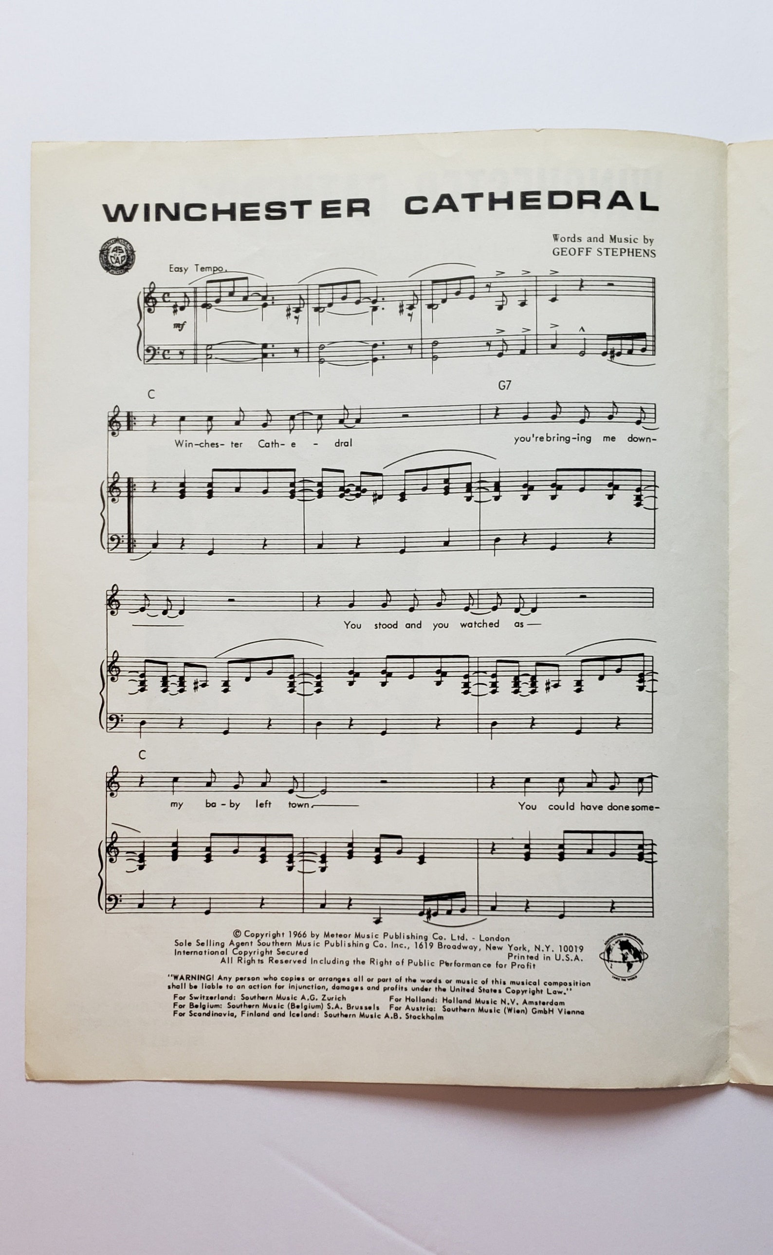 Winchester Cathedral 1966 Vintage Sheet Music Etsy