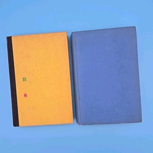 May include: Two hardcover books on a blue background. One book has a yellow cover with the letters "B" and "S" in green and pink. The other book has a blue cover. The spine of the yellow book is black.
