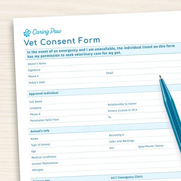 Vet Care Consent Form - Emergency PDF, Instant Download! Give consent to seek vet care • Good for dogs, cats and all pets! | CaringPaw™
