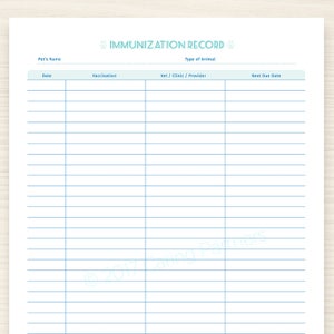 pet immunization veterinary record printable pdf for etsy