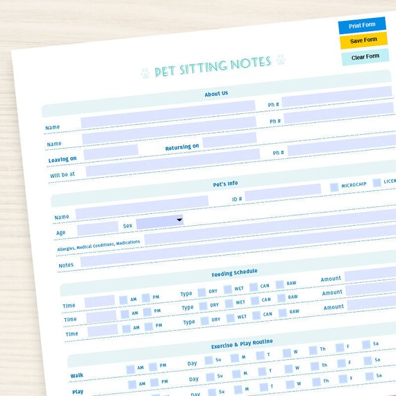 pet sitter form instant download editable pdf pet care etsy