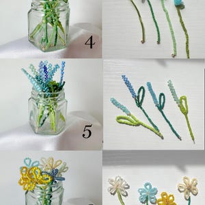 May include: A collection of handcrafted beaded flower stems labeled 4, 5, and 6. Set 4 features light blue bell-shaped flowers. Set 5 includes blue and green lavender-style spikes. Set 6 displays multi-colored daisy-like flowers with green stems.