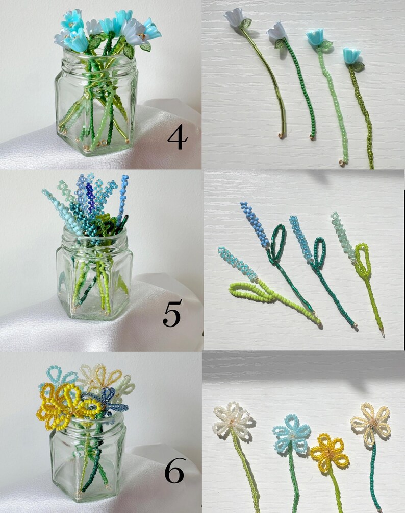 May include: A collection of handcrafted beaded flower stems labeled 4, 5, and 6. Set 4 features light blue bell-shaped flowers. Set 5 includes blue and green lavender-style spikes. Set 6 displays multi-colored daisy-like flowers with green stems.