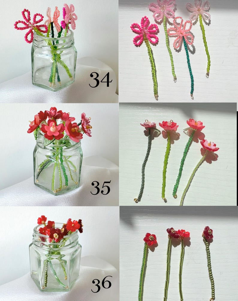 May include: Three sets of handcrafted beaded flower stems labeled 34, 35, and 36. Set 34 features pink beaded flowers, set 35 displays red flowers with layered petals, and set 36 shows dark red flowers, all with green beaded stems in glass jars.