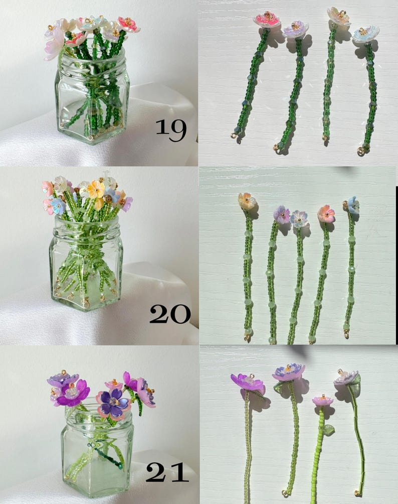 May include: A collection of handcrafted beaded flower stems featuring delicate petals in shades of pink, purple, blue, and orange, attached to long green beaded stalks. The stems are displayed in clear glass jars, labeled with numbers 19, 20, and 21.