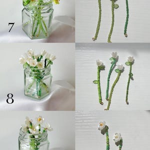 May include: Three sets of handcrafted beaded flower charms labeled 7, 8, and 9. Set 7 features green and yellow flowers, set 8 shows white bell-shaped flowers, and set 9 displays white blossoms. Each flower has a long stem made of green beads.