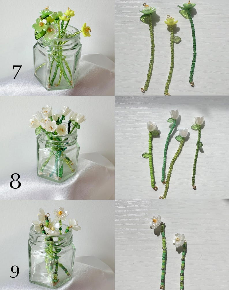 May include: Three sets of handcrafted beaded flower charms labeled 7, 8, and 9. Set 7 features green and yellow flowers, set 8 shows white bell-shaped flowers, and set 9 displays white blossoms. Each flower has a long stem made of green beads.