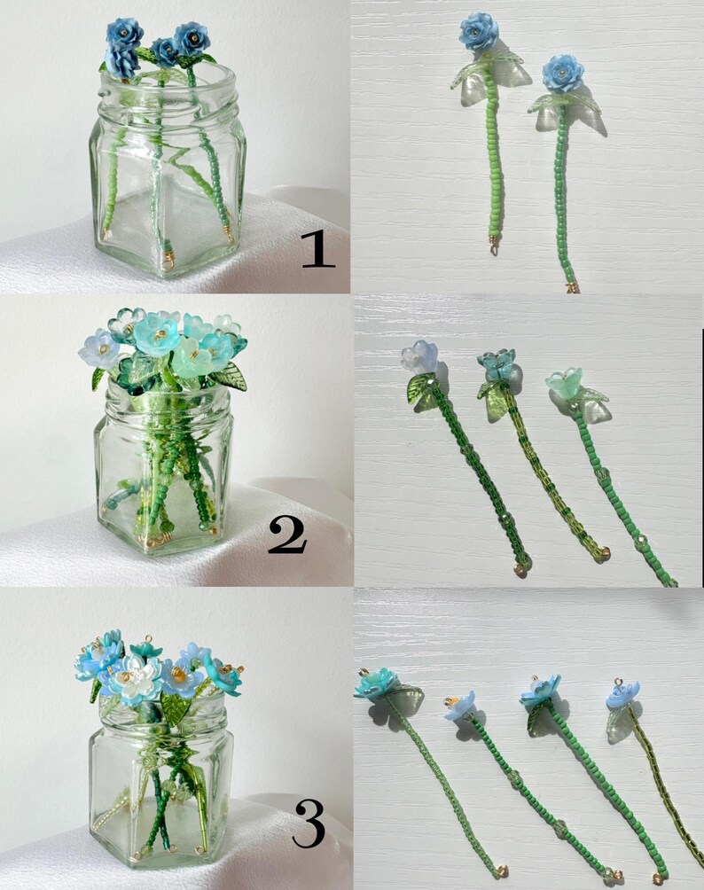 May include: Three sets of handcrafted flower-shaped charms with green beaded stems. Set 1 features two blue flowers, set 2 has three light blue and green flowers, and set 3 includes four blue and white flowers. Each set is displayed in a glass jar.