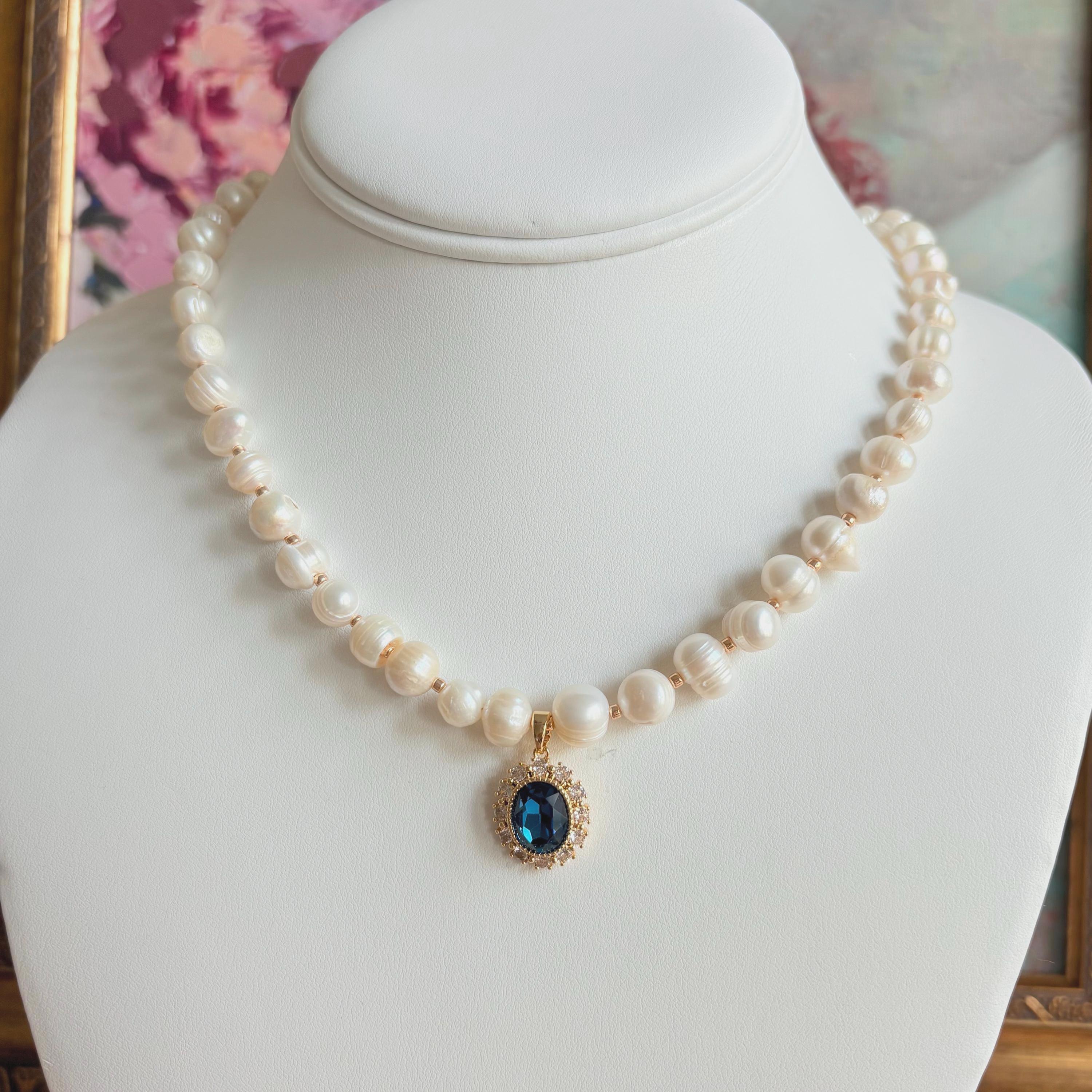 Beautiful Jane Austin pearl necklace with crystal pendant and matching earrings option