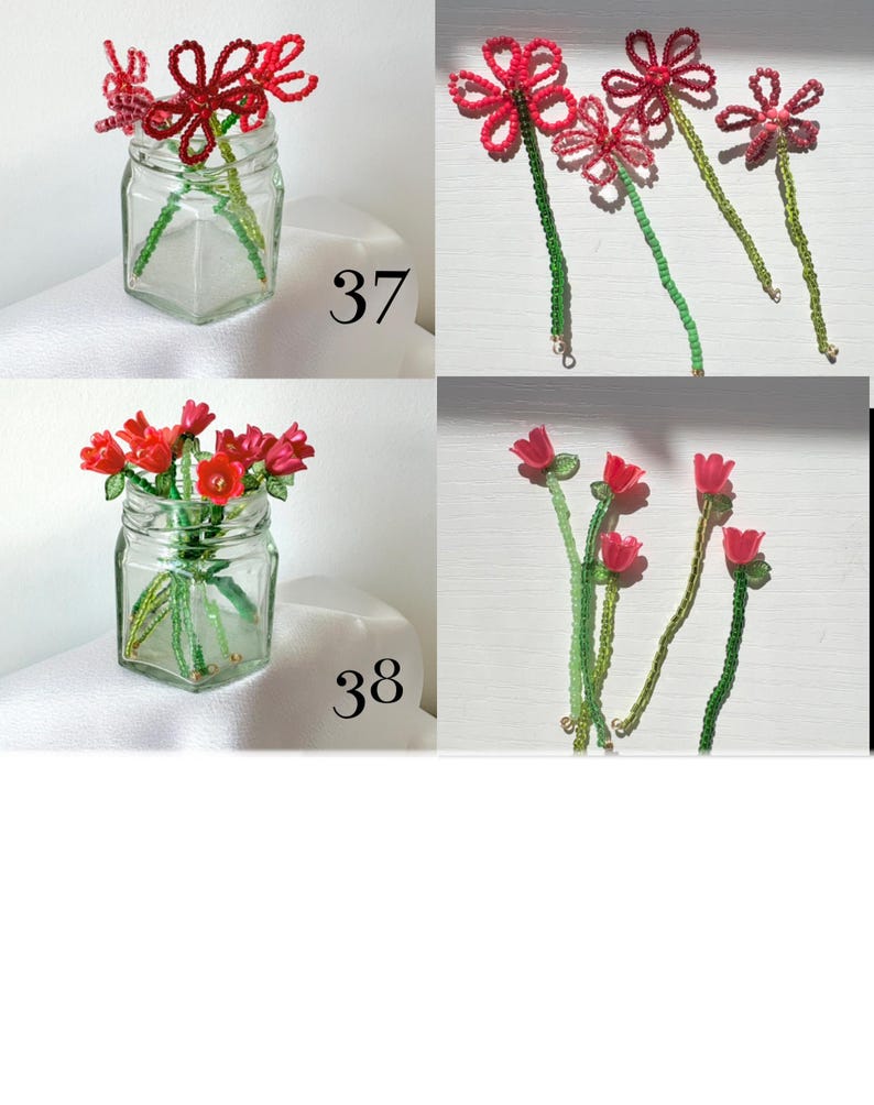 May include: Two sets of handcrafted beaded flowers labeled 37 and 38. Set 37 features red daisy-like flowers with green beaded stems. Set 38 features red tulip-like flowers with green beaded stems. Each set is displayed in a clear glass jar.