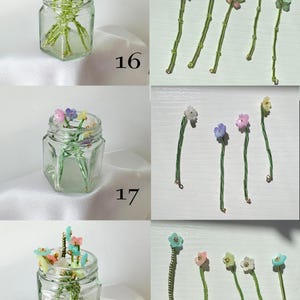 May include: Three sets of decorative flower stems labeled 16, 17, and 18. Each set features small, translucent, multi-colored acrylic flower blossoms attached to thin, green, beaded wire stems, displayed in clear glass jars.