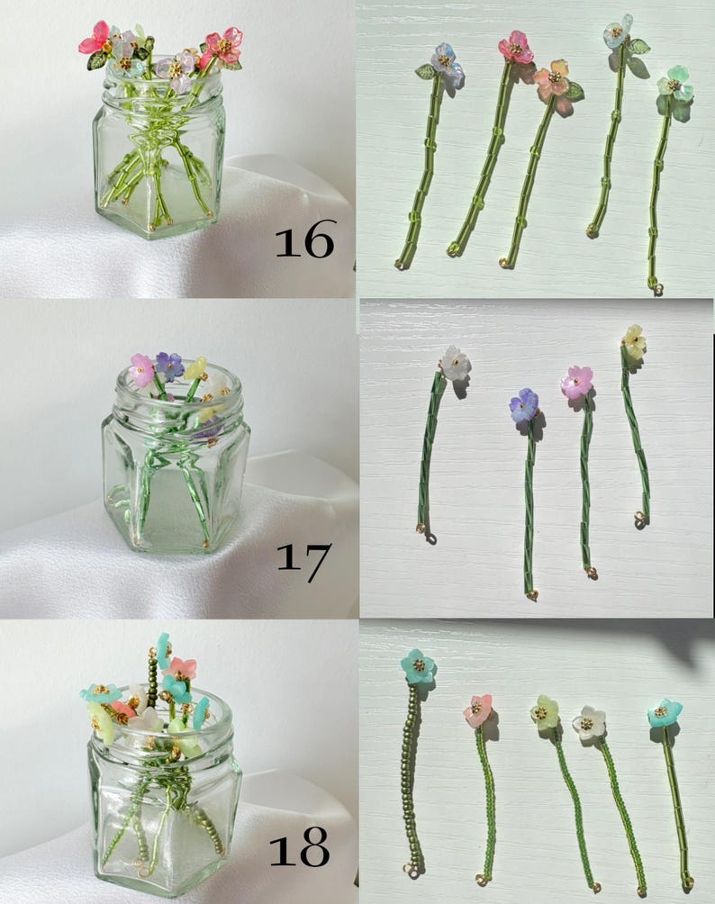 May include: Three sets of decorative flower stems labeled 16, 17, and 18. Each set features small, translucent, multi-colored acrylic flower blossoms attached to thin, green, beaded wire stems, displayed in clear glass jars.
