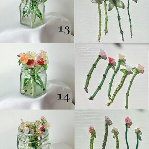 May include: Three sets of handcrafted beaded flower stems labeled 13, 14, and 15. Each set features delicate translucent petals in pink, white, and orange hues attached to long, flexible green beaded stems with small green leaves.