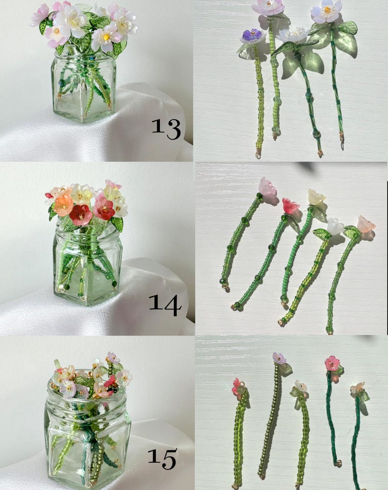 May include: Three sets of handcrafted beaded flower stems labeled 13, 14, and 15. Each set features delicate translucent petals in pink, white, and orange hues attached to long, flexible green beaded stems with small green leaves.