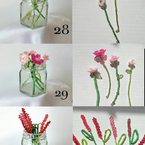 May include: Three sets of beaded flower stems labeled 28, 29, and 30. Set 28 features light pink flowers, set 29 includes various pink and white blossoms, and set 30 displays red and pink spike-shaped flowers, all shown in glass jars.