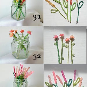 May include: A collection of three sets of handcrafted beaded flower stems, labeled 31, 32, and 33. Each set features delicate glass beads in shades of yellow, orange, pink, and green, shaped into floral stalks and leaves, displayed in small glass jars.