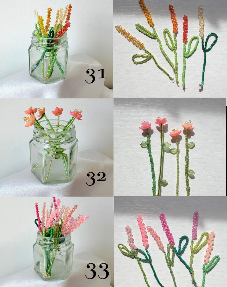 May include: A collection of three sets of handcrafted beaded flower stems, labeled 31, 32, and 33. Each set features delicate glass beads in shades of yellow, orange, pink, and green, shaped into floral stalks and leaves, displayed in small glass jars.
