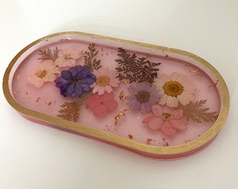 Ovale Resin Schmuck/ Parfüm Tablett rosa mit Blumen