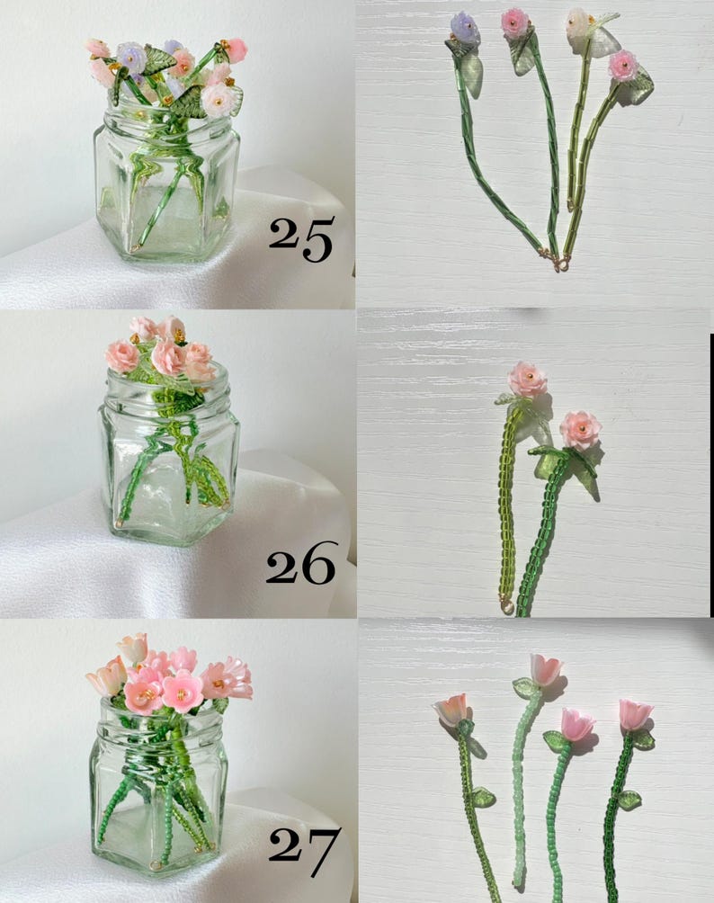May include: Three sets of beaded flower stems labeled 25, 26, and 27. Each set features small glass or plastic flowers in shades of pink, lavender, and white with green beaded stems, displayed in clear glass jars and shown individually.