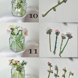 May include: A collection of handcrafted beaded flower stems labeled 10, 11, and 12. Each stem features delicate glass beads in shades of white, pink, and blue, with green beaded leaves and stalks. The flowers are displayed in clear glass jars.