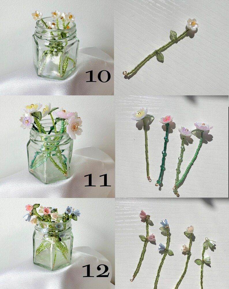 May include: A collection of handcrafted beaded flower stems labeled 10, 11, and 12. Each stem features delicate glass beads in shades of white, pink, and blue, with green beaded leaves and stalks. The flowers are displayed in clear glass jars.