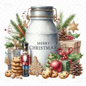 May include: A vintage metal milk jug with the words "Merry Christmas" on the side, surrounded by Christmas decorations including a nutcracker, gingerbread cookies, pine branches, a red ornament, and a wrapped gift.