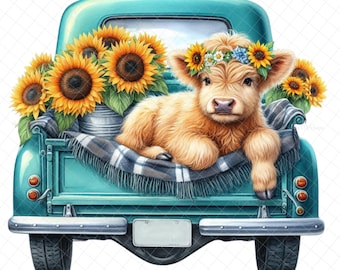 Summer sunflower truck  PNG, highland cow, Sublimation, digital, truck decal, sunflowers, truck images, waterslide images, tumbler graphics