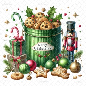 May include: A green tin with a red ribbon and the words "Merry Christmas" on it, filled with chocolate chip cookies.  The tin is surrounded by Christmas decorations, including a nutcracker, candy canes, baubles, and gingerbread cookies.