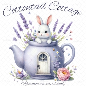 May include: A purple teapot with a white bunny peeking out of the top. The teapot has a small white door with a window and is surrounded by lavender flowers. The text "Cottontail Cottage" is at the top of the image and "Afternoon tea served daily" is at the bottom.