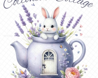 Cottontail cottage PNG, Sublimation, bunny images, Sublimation, digital, DTF, tea pot, PNG graphics, waterslide images, tumbler graphics