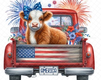 Patriotic cow PNG, PNG graphics, highland cow decal, Sublimation, fireworks, highland cow download, digital, DTF, waterslide image, tumbler