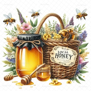 May include: A wicker basket filled with wildflowers and a jar of honey. The jar has a black lid and a brown ribbon tied around it. A small jar of honey with a wooden honey dipper is in front of the basket. The basket has a tag that says "Local Honey".