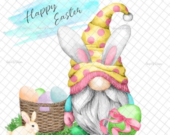 Può includere: Un'illustrazione ad acquerello di un gnomo che indossa un cappello da coniglio giallo e rosa e tiene un uovo di Pasqua verde con un nastro rosa. Il gnomo è circondato da uova di Pasqua in un cestino e da un coniglio bianco.