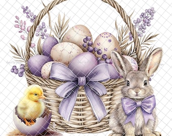 May include: A wicker basket filled with purple and white Easter eggs, tied with a purple ribbon. A brown bunny with a purple bow sits next to the basket. A yellow chick sits in a broken purple egg shell.