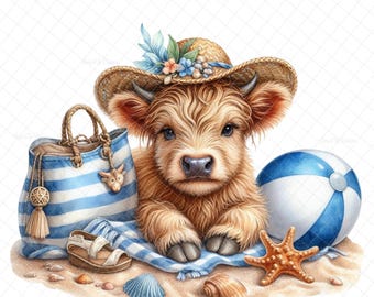Beach Bum cow PNG, Digital download, Sublimation, summer cow, highland cowdecal, beach cow images, DTF, waterslide images, tumbler graphics