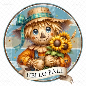 May include: A cheerful scarecrow with a blue and white checkered hat holds a bouquet of sunflowers. The scarecrow is wearing a brown shirt and blue overalls. The background is a blue and white checkered pattern with the text "HELLO FALL" in a white banner.